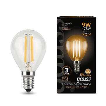 Светодиодная лампа Gauss Шар 9W 680Lm 2700K E14 105801109105801109_GAUSS