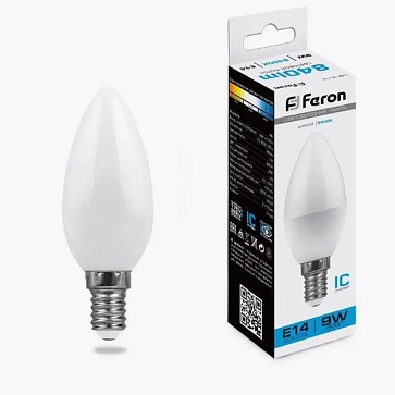 Лампа светодиодная, (9W) 230V E14 6400K C37, LB-570