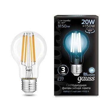 Светодиодная филаментная лампа Gauss A60 20W 1850Lm 4100K E27 102902220102902220_GAUSS