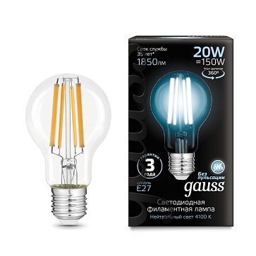 Светодиодная филаментная лампа Gauss A60 20W 1850Lm 4100K E27 102902220102902220_GAUSS